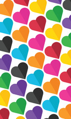 Cute seamless pattern of rainbow colored hearts on white background. Colorful and bright repeating pattern design. Vector flat illustration. Symbolizes diversity and lgbt.