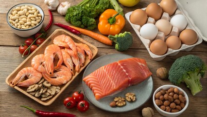 Fresh seafood and vegetables with eggs, meat, and nuts arranged on a wooden table for a nutritious meal preparation