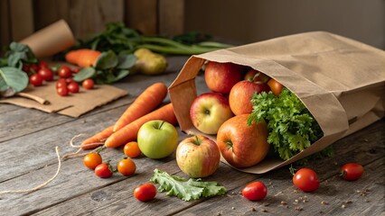 Grocery bag spilling fresh produce including apples, carrots, and cherry tomatoes on wooden table