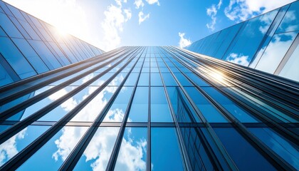 Modern glass office building reflecting the sky and clouds, capturing sleek urban architecture at sunset