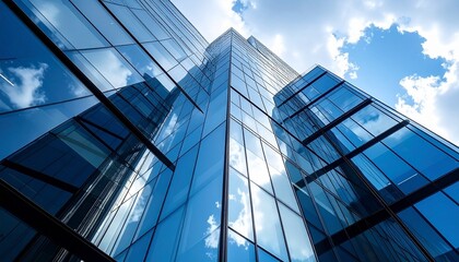 Modern glass office building reflecting the sky and clouds, capturing sleek urban architecture at sunset