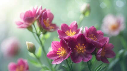 Fototapeta premium Bright pink and purple flowers with yellow centers in soft-focus background. Beautiful floral scene. Nature and gardening, floral bloom, vibrant colors.