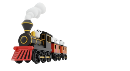 Cartoon train with ghosts and smoke on black background image