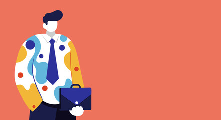 Modern flat design illustration of a businessman with a colorful shirt and briefcase, standing against a simple background. Ideal for business, creativity, or professional lifestyle concepts.