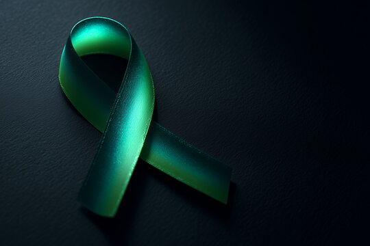 Green awareness ribbon on dark background symbolizing hope and support