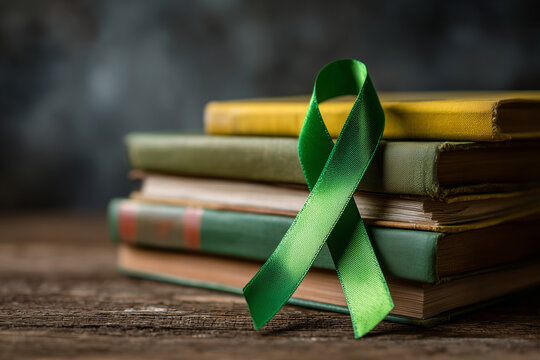 Green ribbon placed on stack of books on wooden table