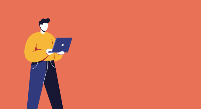 Stylized illustration of a man working on a laptop, embodying productivity, remote work, and digital communication for modern business and lifestyle.