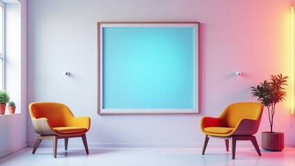 Modern living room with orange chairs and blue artwork