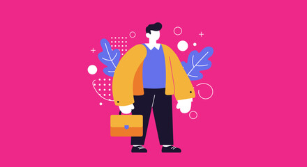 Professional man with a briefcase standing against a vibrant abstract background, symbolizing business, career, and corporate success.