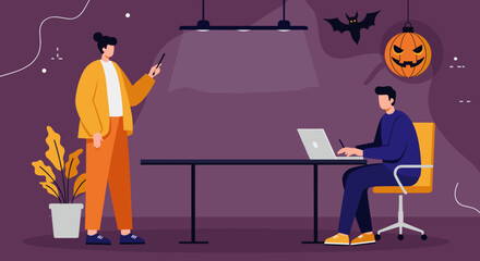 Colleagues collaborating in a Halloween-themed office space. One person presents while another works on a laptop, depicting modern work culture with a festive twist.