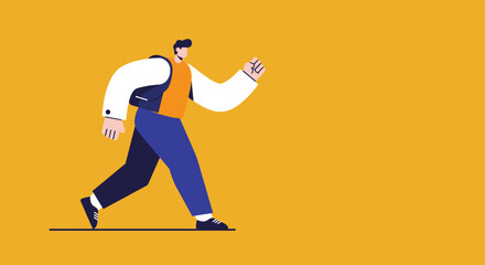 Minimalist illustration of a man with a backpack walking purposefully on a yellow background. Represents progress, education, commuting, and active lifestyle.