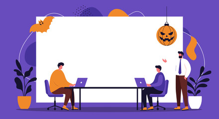Business colleagues working in an office with Halloween decorations, ideal for seasonal corporate events, team collaboration, or festive workplace themes.