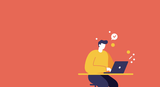 A person focused on work or online learning with a laptop, symbolizing productivity, successful task completion, and digital communication on a minimalist background.