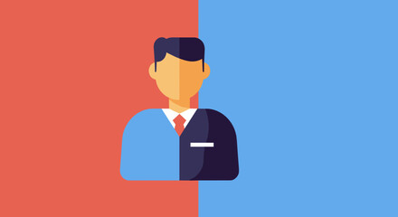 Stylized illustration of a person representing choice, work-life balance, and multiple identities against a split red and blue background.