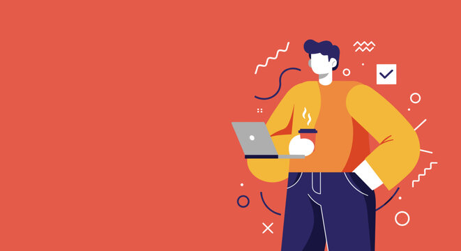 Vibrant illustration of a modern man working on a laptop and enjoying coffee, perfect for remote work, digital business, and lifestyle themes.