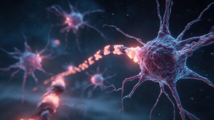 World Rabies Day, 3D rendering of rabies virus attacking a neuron cell, microscopic view, highly detailed scientific illustration