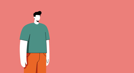 Minimalist illustration of a smiling man in a teal shirt and orange pants, standing against a pink background. Ideal for modern design, user profiles, or business concepts.