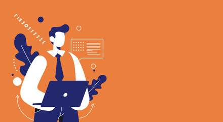 Stylized man working on a laptop, representing business communication, digital marketing, or online collaboration. Ideal for tech, education, or corporate themes.