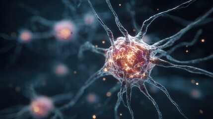 Obraz premium World Rabies Day, 3D rendering of rabies virus attacking a neuron cell, microscopic view, highly detailed scientific illustration