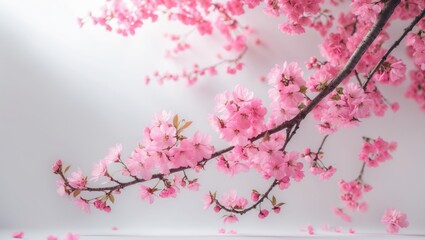 Obraz premium Pink cherry blossom branch with flowers on a soft background. Springtime floral scene. Nature and beauty. The image of blossoms and branches.