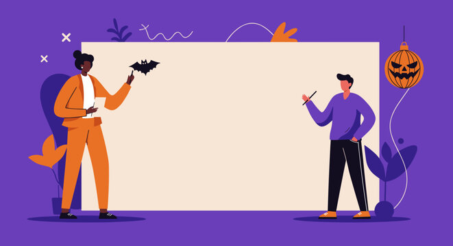 Two diverse professionals collaborate on a festive Halloween-themed presentation board, ideal for holiday marketing, event planning, or creative business communication.