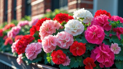 Obraz premium Vibrant pink, red, white, and peach flowers blooming in a garden bed with a brick building in the background.