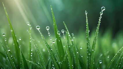 Obraz premium Close-up of fresh green grass with dew drops, sunlight shining, natural outdoor scene.