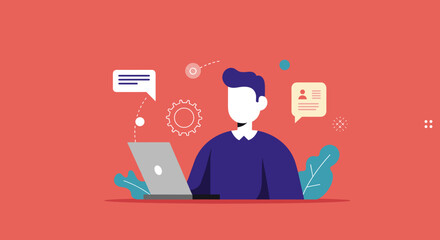 Digital professional focused on laptop, surrounded by chat and gear icons, symbolizing online business, support, or development.