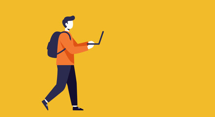 Dynamic illustration of a person with a backpack walking and using a laptop, embodying concepts of remote work, education, and digital lifestyle. Ideal for technology, travel, or business themes.