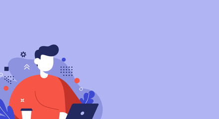 Modern illustration of a person working on a laptop with a coffee cup, surrounded by abstract elements, representing business, technology, and productivity.