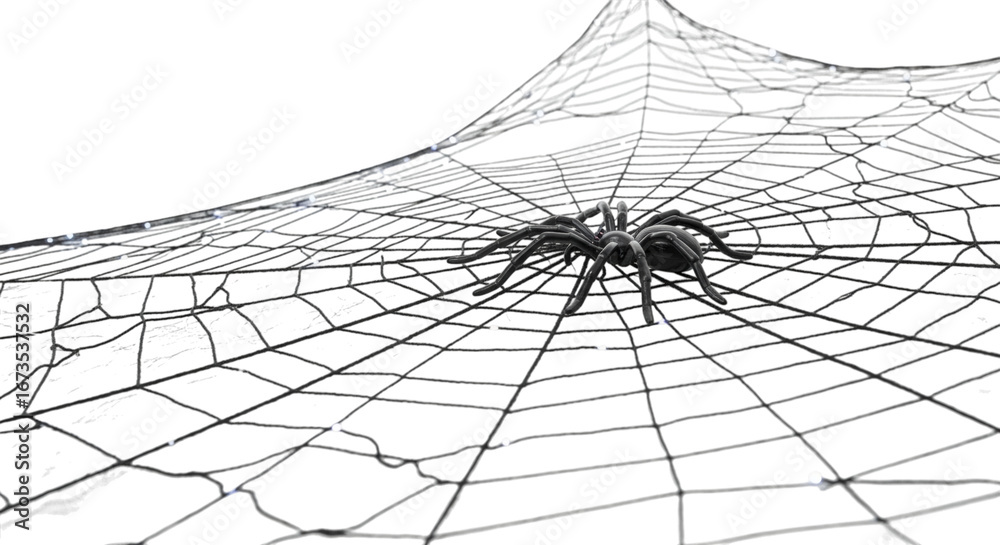 Wall mural spider on large web with intricate details and black background view