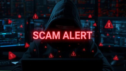 A hooded figure working at a computer with a 'SCAM ALERT' warning overlay, creating a tense and cautionary atmosphere.