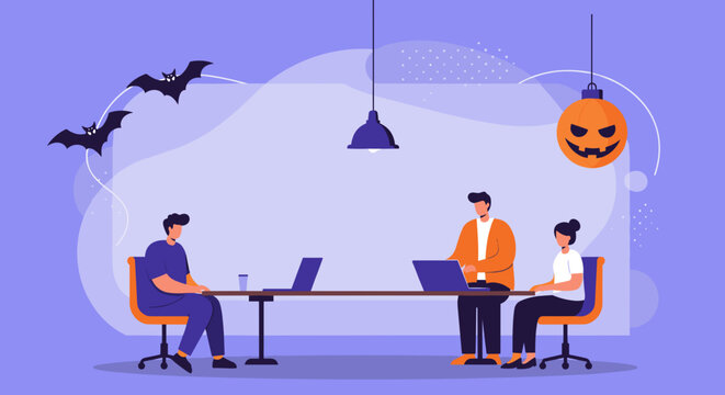 Professionals collaborate in a modern office, subtly decorated for Halloween with bats and a jack-o'-lantern. Blends productivity with a festive seasonal workplace vibe.