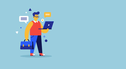 Man with laptop and briefcase actively communicating online. Ideal for business, technology, education, and digital communication concepts, showcasing remote work or modern connectivity.