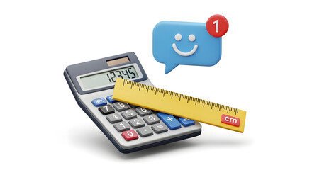 Calculator with ruler and message notification isolated on white background