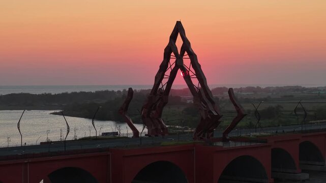 Aerial view of the Pandansimo Bridge at sunset, Bantul, Yogyakarta, as part of the southern ring road route of Java.