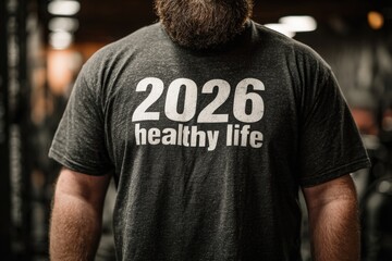 Individual at the gym lifts weights while wearing a t-shirt that displays 2026 and promotes a healthy life. The atmosphere is energetic, reflecting dedication towards fitness goals for the New Year