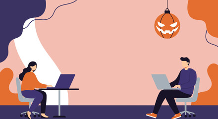Two professionals diligently working on laptops in a modern office, featuring a playful Halloween pumpkin decoration. Ideal for business, remote work, and seasonal tech themes.
