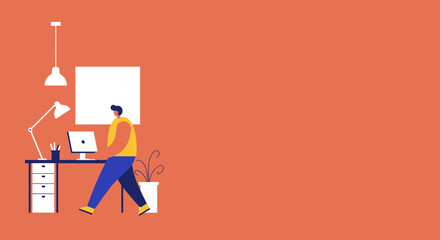 Modern illustration of a person working or taking a break in a minimalist home office with a computer. Represents remote work, productivity, and contemporary digital lifestyle.