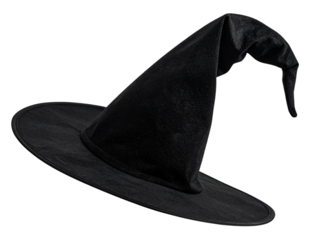 Tilted Black Witch Hat with Curved Tip, Side Angle, isolated on a Clear PNG Background