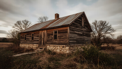 old rustic building with weathered wooden walls, worn stone foundation, and a faded metal roof, surrounded by overgrown vegetation and trees, with a large wooden door, old windows, and a chimney