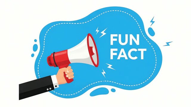 A cartoon hand holding a red and white megaphone, announcing a fun fact within a blue shape.