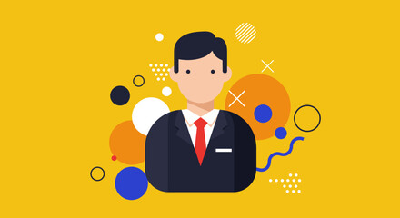 Flat design illustration of a professional businessman avatar on a vibrant yellow background with abstract geometric shapes. Ideal for corporate identity, user profiles, or business concepts.