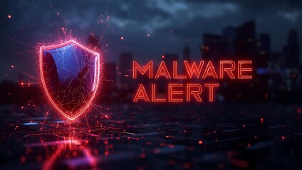 A striking digital graphic featuring a glowing shield with the words 'MALWARE ALERT' in bold red, set against a dark cityscape.