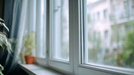 Bright indoor window view with potted plants and a blurred exterior of residential buildings