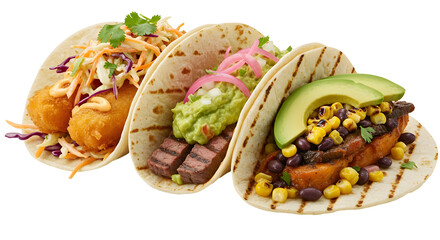 A delicious taco assortment with various fillings. These tacos showcase a diverse range of ingredients and vibrant flavors, appealing to any palate, isolated on transparent background