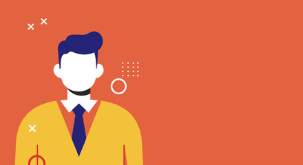 Professional flat design illustration of a man in business attire on an orange background with copy space. Ideal for business, identity, or user profile concepts.