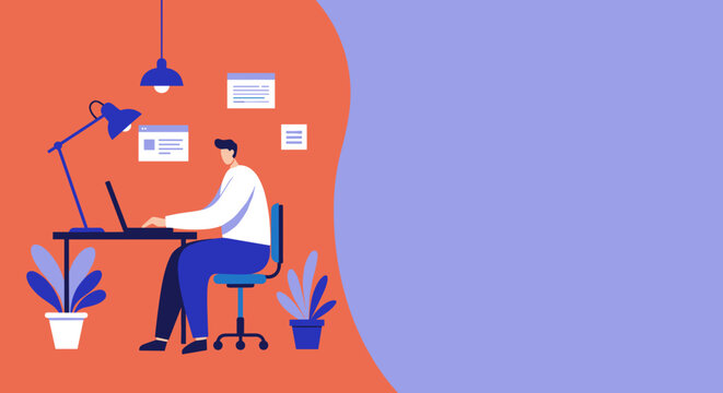 Man working remotely on laptop in a modern home office. Ideal for concepts of productivity, online learning, and flexible work arrangements.