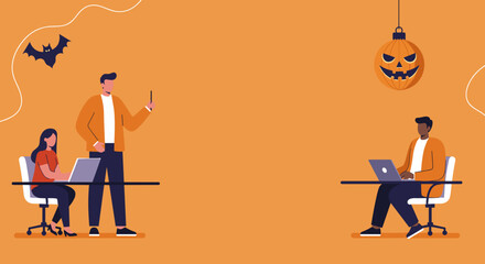 Diverse team working on laptops in a festive Halloween office environment, blending professional productivity with holiday spirit. Ideal for business, seasonal campaigns.