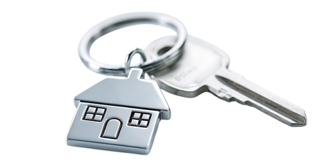 Silver house key with keychain, symbolizing new home, property purchase, or mortgage.